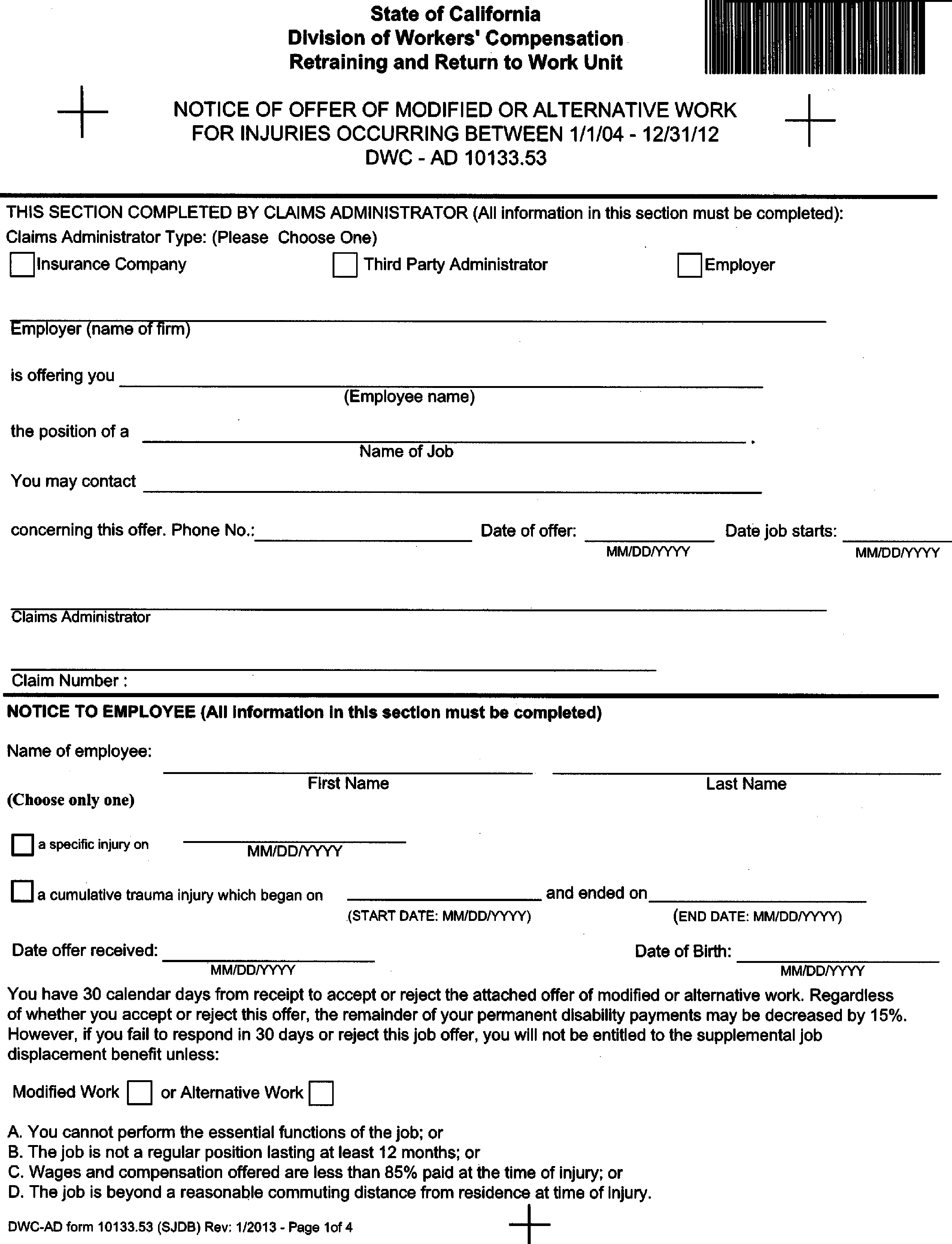 Image 1 within § 10133.53. Form [DWC-AD 10133.53 “Notice of Offer of Modified or Alternative Work for Injuries Occurring Between 1/1/04 - 12/31/12, Inclusive.”]